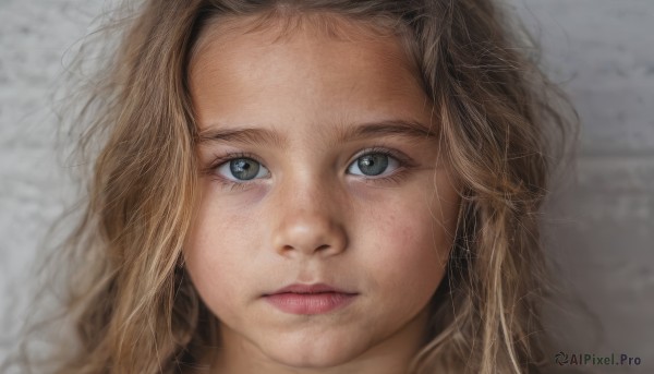 1girl,solo,long hair,looking at viewer,blue eyes,blonde hair,brown hair,closed mouth,lips,grey eyes,eyelashes,expressionless,messy hair,portrait,close-up,forehead,freckles,realistic,nose,green eyes,blurry