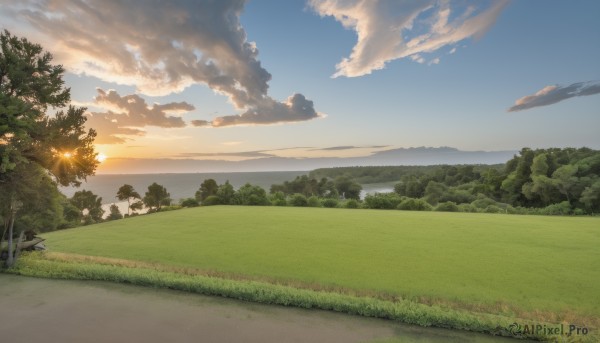 outdoors,sky,day,cloud,water,tree,blue sky,no humans,ocean,sunlight,cloudy sky,grass,nature,scenery,forest,sunset,mountain,sun,horizon,road,field,river,landscape,path,hill,bush