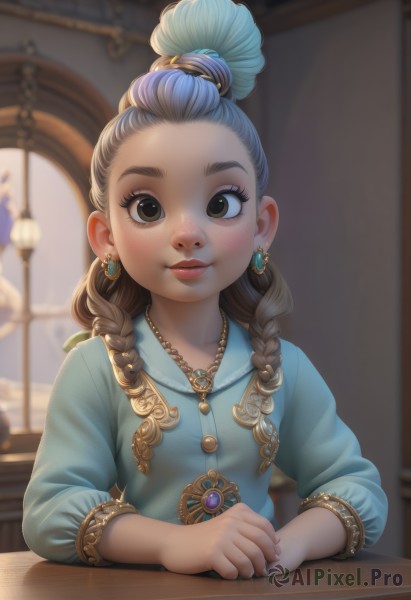 1girl,solo,long hair,looking at viewer,blush,smile,brown hair,shirt,hair ornament,long sleeves,dress,brown eyes,jewelry,closed mouth,blue hair,upper body,braid,multicolored hair,earrings,solo focus,puffy sleeves,indoors,necklace,hair bun,blurry,twin braids,lips,eyelashes,depth of field,blurry background,blue dress,table,single hair bun,ring,thick eyebrows,own hands together,blue shirt,gem,child,hair over shoulder,puffy long sleeves,freckles,realistic,nose,hair tie,female child,straight-on,hair pulled back,multi-tied hair,multiple braids,pov across table,sitting,artist name,fingernails,window,makeup,watermark,forehead