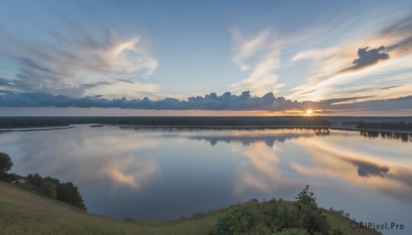 outdoors,sky,day,cloud,water,tree,blue sky,no humans,sunlight,cloudy sky,grass,nature,scenery,forest,reflection,sunset,mountain,sun,horizon,river,landscape,lake,hill,reflective water