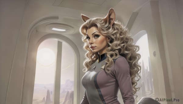 1girl,solo,long hair,breasts,looking at viewer,blonde hair,brown hair,long sleeves,animal ears,brown eyes,medium breasts,jacket,tail,upper body,indoors,lips,window,makeup,wavy hair,furry,curly hair,furry female,mouse ears,sun