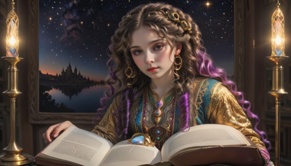 1girl,solo,long hair,looking at viewer,blue eyes,brown hair,hair ornament,holding,jewelry,closed mouth,upper body,purple hair,braid,multicolored hair,earrings,sky,indoors,necklace,nail polish,mole,two-tone hair,lips,book,eyelashes,gradient hair,makeup,night,wavy hair,ring,fire,lipstick,gem,star (sky),night sky,eyeshadow,starry sky,freckles,holding book,curly hair,gold trim,hoop earrings,open book,realistic,red lips,reading,lamp,candle,book stack,painting (object),mascara,multiple braids,nose,candlelight