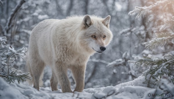 outdoors, signature, blurry, tree, no humans, animal, snow, dog, realistic, branch, animal focus, winter