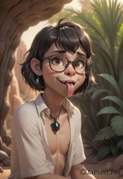 1girl,solo,breasts,looking at viewer,blush,smile,short hair,open mouth,bangs,brown hair,shirt,black hair,1boy,brown eyes,jewelry,nipples,collarbone,white shirt,upper body,short sleeves,earrings,outdoors,open clothes,glasses,teeth,day,tongue,collared shirt,artist name,tongue out,necklace,blurry,flat chest,tree,lips,open shirt,dress shirt,no bra,saliva,depth of field,blurry background,fangs,thick eyebrows,plant,messy hair,pendant,freckles,black-framed eyewear,rock,nose,round eyewear,unbuttoned,nipple slip,yellow eyes,small breasts,piercing,ear piercing,nature,backlighting,nipple piercing,tongue piercing,nose piercing,forked tongue