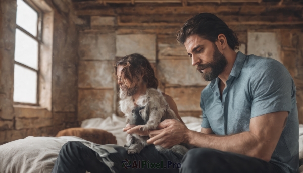 solo,short hair,brown hair,shirt,black hair,1boy,holding,sitting,closed mouth,short sleeves,male focus,day,collared shirt,pants,indoors,blurry,window,bed,blurry background,facial hair,animal,on bed,black pants,cat,blue shirt,beard,dog,mature male,realistic,mustache,manly,holding animal,arm hair,holding cat,petting,closed eyes,multiple boys,2boys,pillow,scar,puppy