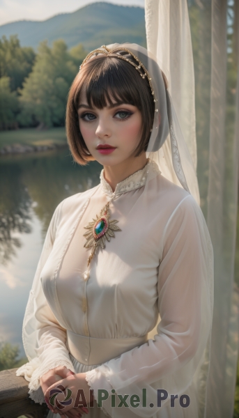 1girl,solo,breasts,looking at viewer,short hair,bangs,brown hair,black hair,long sleeves,dress,jewelry,underwear,upper body,outdoors,parted lips,day,artist name,necklace,nail polish,bra,white dress,blurry,black eyes,tree,lips,see-through,makeup,blurry background,own hands together,gem,veil,mountain,realistic,lake,grey eyes,lipstick,pink nails