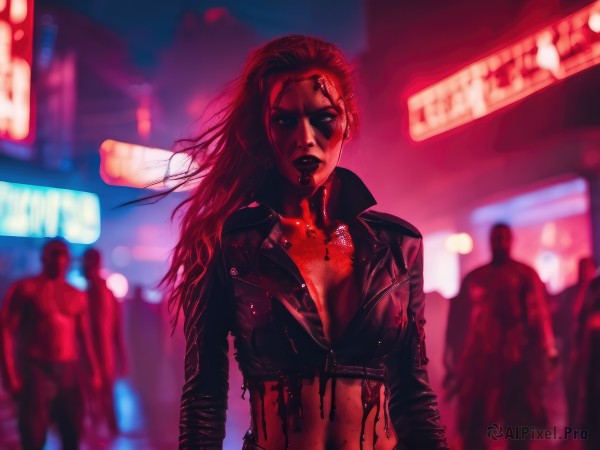 1girl,solo,long hair,breasts,looking at viewer,large breasts,cleavage,medium breasts,jacket,red hair,multiple boys,solo focus,midriff,blurry,lips,blood,makeup,blurry background,blood on face,realistic,leather,red theme,leather jacket,cyberpunk,neon lights,jewelry,upper body,necklace,crop top,night,piercing,cropped jacket,city,crowd