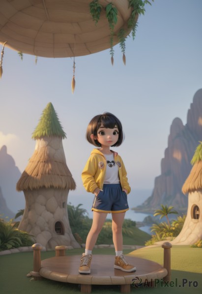 1girl,solo,looking at viewer,smile,short hair,bangs,brown hair,shirt,black hair,long sleeves,brown eyes,closed mouth,standing,jacket,full body,white shirt,outdoors,open clothes,sky,shoes,shorts,day,socks,hood,water,black eyes,open jacket,tree,blue sky,short shorts,hoodie,ocean,beach,brown footwear,bob cut,hood down,grass,white socks,sneakers,child,blue shorts,hands in pockets,drawstring,female child,yellow jacket,cloud,rock,fence,print shirt,wide shot,wooden fence