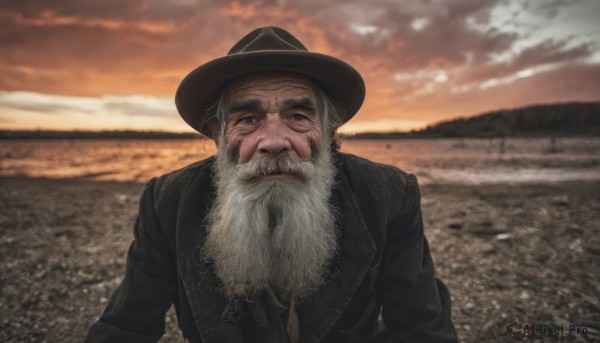 solo,looking at viewer,1boy,hat,closed mouth,jacket,upper body,white hair,grey hair,male focus,outdoors,sky,cloud,blurry,coat,black jacket,black headwear,blurry background,facial hair,beard,realistic,mustache,field,old,old man,photo background,wrinkled skin,long sleeves,water,ocean,beach,parody,cloudy sky,horizon,manly