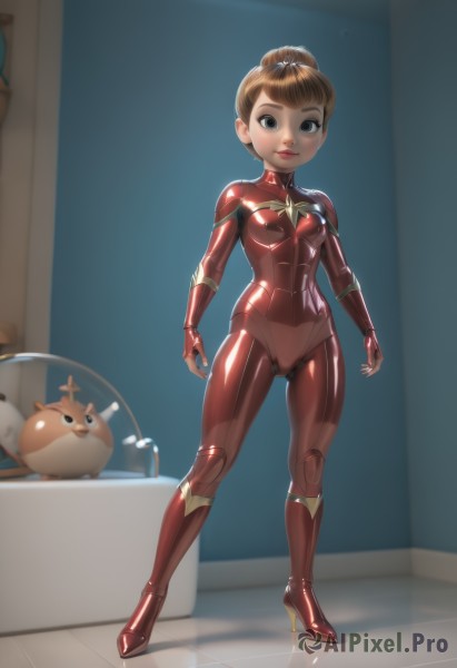 1girl,solo,breasts,looking at viewer,smile,short hair,brown hair,gloves,brown eyes,jewelry,closed mouth,standing,full body,earrings,small breasts,shiny,indoors,hair bun,high heels,lips,bodysuit,makeup,cameltoe,turtleneck,single hair bun,lipstick,skin tight,science fiction,shiny clothes,red lips,latex,superhero,red bodysuit,latex bodysuit,boots,black eyes,loli