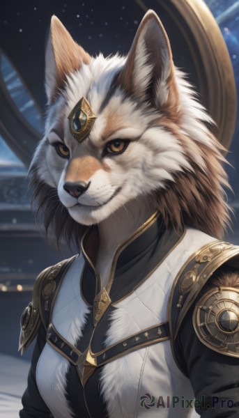 solo,looking at viewer,smile,1boy,animal ears,brown eyes,closed mouth,yellow eyes,upper body,male focus,artist name,signature,armor,grin,blurry,blurry background,shoulder armor,gem,furry,circlet,furry female,furry male,body fur,white fur,forehead jewel,animal nose,whiskers,snout,1girl,breasts,animal ear fluff,pauldrons