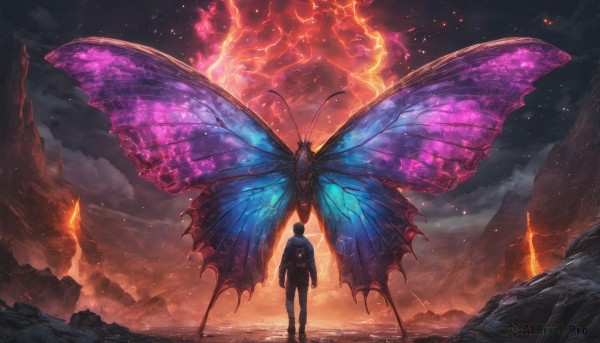 1boy, standing, male focus, outdoors, wings, sky, cloud, from behind, cloudy sky, bug, fire, antennae, butterfly wings, oversized animal