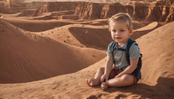 solo,looking at viewer,short hair,blue eyes,blonde hair,shirt,1boy,sitting,full body,white shirt,short sleeves,male focus,outdoors,parted lips,shorts,barefoot,day,bag,feet,toes,backpack,child,realistic,sand,male child,red shorts,dirty,dirty feet,shadow,beach,rock,desert