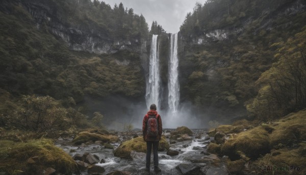 solo, 1boy, jacket, male focus, outdoors, pants, hood, water, bag, from behind, tree, backpack, nature, scenery, forest, rock, waterfall