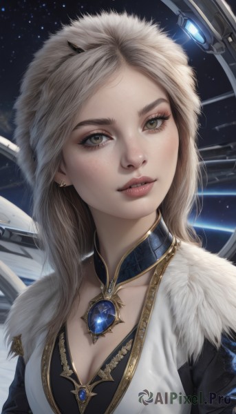 1girl,solo,long hair,breasts,looking at viewer,blonde hair,cleavage,brown eyes,jewelry,medium breasts,upper body,earrings,parted lips,choker,necklace,lips,fur trim,eyelashes,makeup,gem,star (sky),freckles,science fiction,realistic,nose,space,brown hair,wings,horns,teeth,artist name