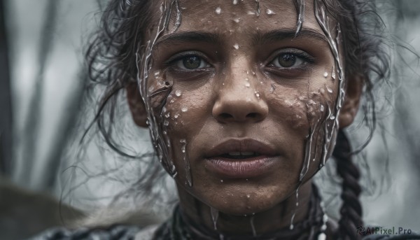 1girl,solo,long hair,looking at viewer,brown hair,black hair,brown eyes,braid,parted lips,teeth,dark skin,blurry,twin braids,dark-skinned female,lips,wet,blurry background,portrait,realistic,nose,wet hair,jewelry,earrings,tree,depth of field,close-up,freckles,mole on cheek