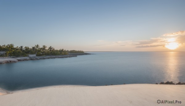 outdoors,sky,day,cloud,water,tree,blue sky,no humans,ocean,beach,sunlight,scenery,sunset,sand,palm tree,sun,horizon,gradient sky,shore,sunrise,nature,forest,military vehicle,waves,island