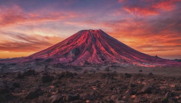 outdoors, sky, cloud, no humans, cloudy sky, scenery, sunset, rock, mountain, landscape, orange sky, red sky