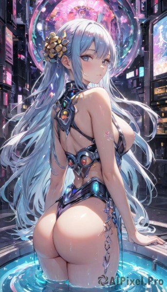 1girl,solo,long hair,breasts,looking at viewer,blush,bangs,blue eyes,large breasts,hair ornament,bare shoulders,very long hair,closed mouth,blue hair,standing,swimsuit,ass,flower,white hair,sidelocks,thighs,cowboy shot,looking back,hair flower,water,from behind,leotard,wet,one-piece swimsuit,bare arms,sideboob,tattoo,back,highleg,revealing clothes,wading,highleg leotard,arms at sides,pool,nipples,expressionless,reflection