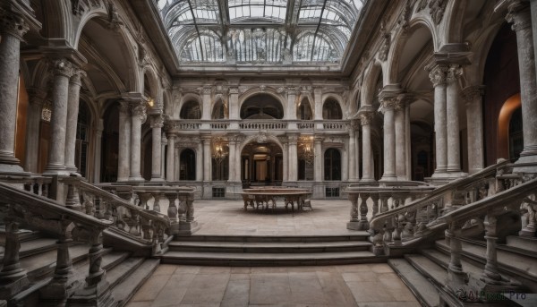 indoors,no humans,window,sunlight,scenery,stairs,door,railing,architecture,pillar,statue,church,arch,chandelier,column,day,building,wooden floor,tile floor,bridge,east asian architecture,floor,ceiling,hallway,reflective floor,stone floor