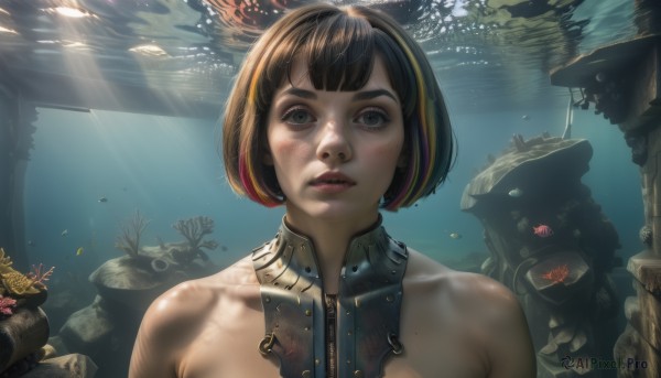 1girl,solo,looking at viewer,short hair,bangs,blonde hair,brown hair,black hair,bare shoulders,brown eyes,upper body,multicolored hair,parted lips,teeth,mole,black eyes,two-tone hair,lips,streaked hair,sunlight,bob cut,robot,portrait,freckles,fish,science fiction,bubble,light rays,underwater,realistic,nose,air bubble,sunbeam,coral,blue eyes,water,ruins,dirty