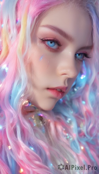 1girl,solo,long hair,looking at viewer,blue eyes,blonde hair,jewelry,blue hair,pink hair,multicolored hair,parted lips,teeth,two-tone hair,lips,eyelashes,makeup,wavy hair,portrait,close-up,eyeshadow,realistic,nose,mascara,artist name,blurry,gem,light particles,forehead