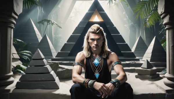 solo,long hair,looking at viewer,blue eyes,blonde hair,1boy,bare shoulders,jewelry,sitting,closed mouth,male focus,sleeveless,pants,necklace,bracelet,tree,black pants,sunlight,own hands together,plant,gem,armlet,light rays,stairs,realistic,palm tree,pillar,facial hair,leaf,armband