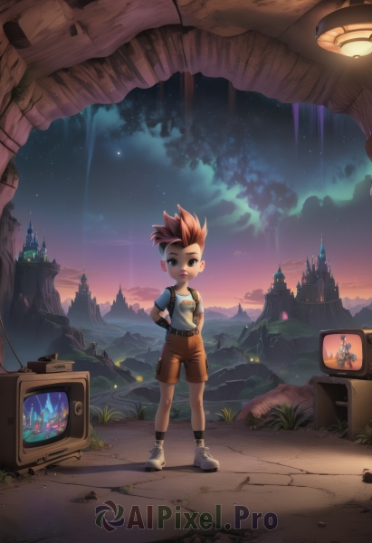 solo,looking at viewer,smile,short hair,open mouth,brown hair,shirt,1boy,brown eyes,standing,short sleeves,male focus,red hair,outdoors,sky,shoes,shorts,socks,cloud,bag,night,arms behind back,backpack,grass,spiked hair,child,star (sky),night sky,starry sky,sunset,male child,television,1girl,jewelry,full body,white shirt,pink hair,belt,artist name,signature,orange hair,black eyes,tree,white footwear,t-shirt,wristband,sneakers,scenery,bandaid,rock,mountain,bandaid on face,controller,game controller,brown shorts,castle,tomboy,game console,mohawk,cliff