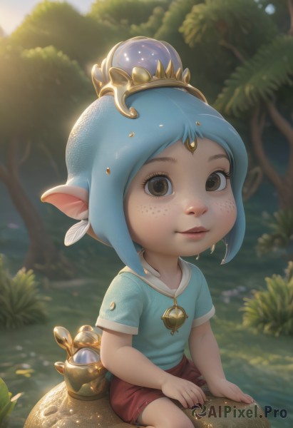 1girl,solo,looking at viewer,smile,short hair,shirt,brown eyes,jewelry,sitting,closed mouth,blue hair,short sleeves,earrings,outdoors,shorts,day,pointy ears,artist name,necklace,hair bun,blurry,tree,lips,depth of field,blurry background,feathers,crown,blue shirt,child,nature,freckles,female child,red shorts,jar,lalafell,hair ornament,leaf,watermark,single hair bun,web address,realistic