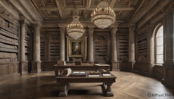 indoors,book,no humans,window,chair,table,sunlight,scenery,light rays,wooden floor,paper,stairs,bookshelf,light,candle,architecture,pillar,book stack,statue,library,candlestand,reflective floor,chandelier,voile,day,scroll