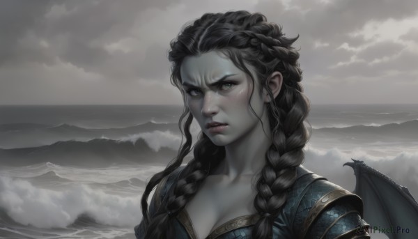 1girl,solo,long hair,breasts,looking at viewer,blue eyes,black hair,cleavage,medium breasts,green eyes,collarbone,upper body,braid,outdoors,parted lips,wings,sky,artist name,cloud,signature,water,armor,twin braids,lips,grey eyes,eyelashes,colored skin,ocean,beach,cloudy sky,portrait,hair over shoulder,freckles,demon wings,mountain,realistic,nose,horizon,grey skin,grey sky,blush,closed mouth,shoulder armor,waves