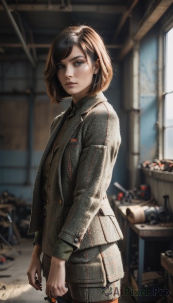 1girl,solo,looking at viewer,short hair,bangs,blue eyes,skirt,brown hair,shirt,black hair,long sleeves,holding,brown eyes,jewelry,closed mouth,standing,jacket,cowboy shot,necktie,day,collared shirt,indoors,nail polish,blurry,lips,grey eyes,military,window,buttons,depth of field,blurry background,swept bangs,formal,sunlight,bob cut,ring,suit,ground vehicle,grey skirt,pencil skirt,realistic,grey jacket,nose,earrings,shorts,signature,denim,black nails,freckles,leather,dirty,leather jacket,denim jacket