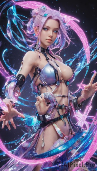 1girl,solo,breasts,looking at viewer,short hair,blue eyes,large breasts,hair ornament,navel,cleavage,bare shoulders,jewelry,medium breasts,standing,swimsuit,pink hair,purple hair,bikini,multicolored hair,cowboy shot,earrings,parted lips,detached sleeves,belt,hair bun,lips,fingernails,see-through,glowing,single hair bun,revealing clothes,science fiction,realistic,nose,magic,thighhighs,water,liquid