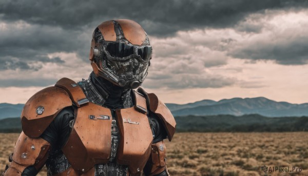 solo,1boy,upper body,male focus,outdoors,sky,day,cloud,armor,blurry,helmet,cloudy sky,robot,science fiction,mountain,realistic,field,mountainous horizon,power armor