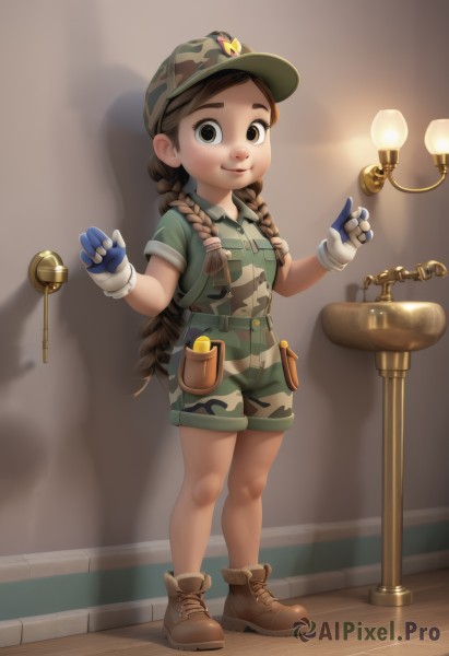 1girl,solo,long hair,looking at viewer,smile,brown hair,shirt,gloves,hat,twintails,brown eyes,closed mouth,standing,full body,braid,short sleeves,boots,shorts,collared shirt,indoors,white gloves,uniform,twin braids,flat chest,hands up,military,shadow,brown footwear,thick eyebrows,pocket,pouch,green shirt,blue gloves,female child,lamp,breast pocket,camouflage,green shorts,light bulb,shoes,belt,bag,lips,loli,child