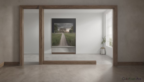 sky,cloud,indoors,tree,no humans,window,shadow,plant,curtains,scenery,wooden floor,door,potted plant,wall,vase,painting (object),flower pot,nature,mountain,still life