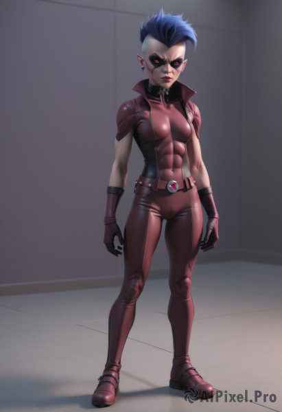 1girl,solo,breasts,looking at viewer,short hair,black hair,red eyes,gloves,jewelry,medium breasts,closed mouth,blue hair,standing,full body,earrings,small breasts,boots,pointy ears,black gloves,belt,armor,bodysuit,covered navel,mask,muscular,glowing,abs,shoulder armor,glowing eyes,skin tight,colored sclera,toned,black sclera,very short hair,shoulder pads,red bodysuit,artist name,collar,makeup,facial mark,piercing,spiked hair,red footwear,ear piercing,zipper,pouch,facepaint,undercut,mohawk