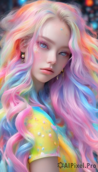 1girl,solo,long hair,looking at viewer,blue eyes,blonde hair,shirt,jewelry,closed mouth,blue hair,upper body,pink hair,short sleeves,multicolored hair,earrings,artist name,blurry,from side,lips,head tilt,eyelashes,makeup,depth of field,blurry background,watermark,wavy hair,facial mark,expressionless,web address,multicolored clothes,forehead,eyeshadow,freckles,yellow shirt,pink lips,multicolored eyes,realistic,nose,colorful,mascara,multicolored shirt,rainbow hair,two-tone hair,gradient hair,gem,yellow dress