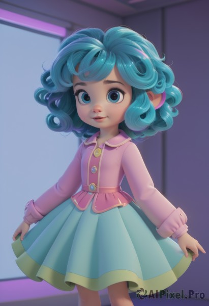 1girl,solo,looking at viewer,smile,short hair,blue eyes,skirt,shirt,long sleeves,blue hair,standing,parted lips,indoors,medium hair,lips,aqua hair,green skirt,child,curly hair,pink shirt,skirt hold,female child,aqua skirt,dress,green hair,artist name,blue skirt,eyelashes,watermark,aged down