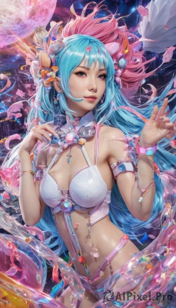 1girl,solo,long hair,breasts,looking at viewer,smile,bangs,blue eyes,large breasts,hair ornament,navel,cleavage,jewelry,medium breasts,blue hair,swimsuit,pink hair,multicolored hair,earrings,parted lips,wings,sky,water,nail polish,bracelet,lips,petals,aqua hair,gradient hair,makeup,night,moon,building,gem,revealing clothes,full moon,armlet,realistic,very long hair,flower,midriff,hair flower,necklace,fingernails,watermark,pink nails,nose