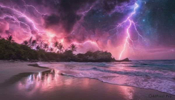 outdoors, sky, cloud, signature, water, tree, dutch angle, no humans, night, ocean, beach, cloudy sky, star (sky), night sky, scenery, starry sky, reflection, palm tree, horizon, waves, lightning, shore