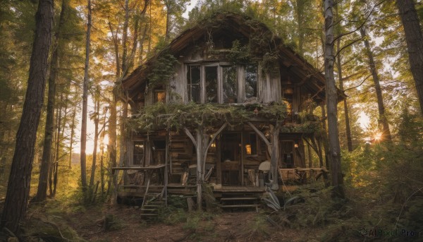 outdoors,day,tree,dutch angle,no humans,window,sunlight,grass,plant,building,nature,scenery,forest,light rays,stairs,door,road,bush,ruins,vines,house,moss,overgrown,shrine