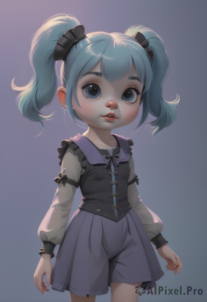 1girl,solo,looking at viewer,blush,short hair,bangs,blue eyes,skirt,simple background,shirt,long sleeves,bow,ribbon,twintails,blue hair,standing,cowboy shot,parted lips,shorts,teeth,puffy sleeves,medium hair,vest,lips,aqua hair,black bow,short twintails,child,freckles,arms at sides,female child,open mouth,dress,realistic,nose