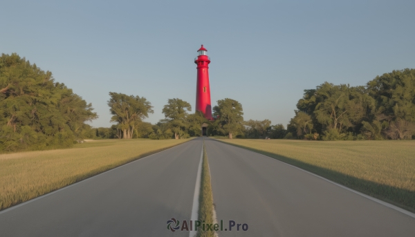 outdoors,sky,day,tree,blue sky,no humans,shadow,grass,building,nature,scenery,forest,clock,road,bush,lamppost,tower,path,traffic cone