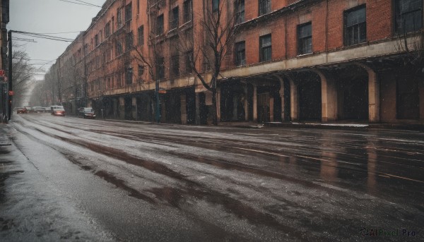 outdoors,sky,day,cloud,tree,dutch angle,no humans,window,ground vehicle,building,scenery,motor vehicle,reflection,city,sign,fence,car,road,house,power lines,lamppost,bare tree,street,utility pole,road sign,grey sky,crosswalk,cloudy sky,snow,winter,puddle,real world location,sidewalk