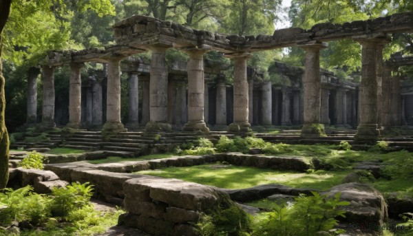 outdoors,day,tree,no humans,sunlight,grass,plant,nature,scenery,forest,rock,stairs,ruins,pillar,moss,overgrown,torii,architecture,shrine,stone,stone stairs