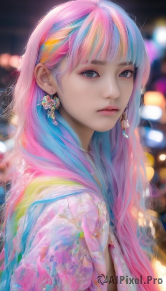 1girl,solo,long hair,looking at viewer,bangs,jewelry,closed mouth,blue hair,upper body,pink hair,multicolored hair,earrings,blunt bangs,blurry,black eyes,two-tone hair,lips,streaked hair,grey eyes,eyelashes,makeup,depth of field,blurry background,watermark,floral print,web address,eyeshadow,realistic,nose,bokeh,rainbow hair,from side,looking to the side,expressionless,mascara