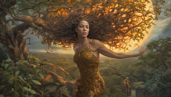 1girl,solo,long hair,breasts,brown hair,dress,bare shoulders,medium breasts,very long hair,outdoors,sky,cloud,tree,lips,strapless,floating hair,glowing,leaf,moon,plant,outstretched arm,nature,scenery,strapless dress,forest,curly hair,realistic,fantasy,branch,brown eyes,parted lips,cloudy sky,wind,full moon,mountain,sun