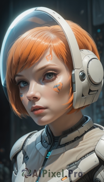 1girl,solo,looking at viewer,short hair,bangs,blue eyes,upper body,parted lips,teeth,orange hair,blurry,lips,eyelashes,bodysuit,tattoo,makeup,blurry background,swept bangs,headphones,facial mark,helmet,portrait,freckles,science fiction,realistic,nose,cyborg,spacesuit,grey eyes,zipper,space helmet