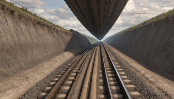 outdoors,sky,day,cloud,blue sky,no humans,sunlight,grass,scenery,mountain,road,field,bridge,landscape,railroad tracks,dutch angle,cloudy sky,train,train station